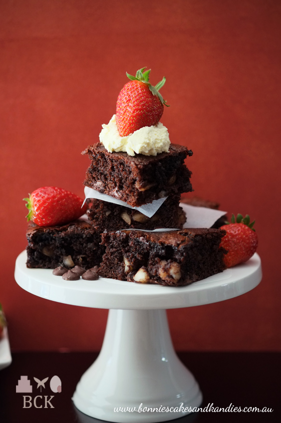 Juicy strawberries, gooey chocolate, crunchy macadamias and fresh cream...these birthday brownies tasted even better than they look!  |  Bonnie's Cakes & Kandies, Gympie.