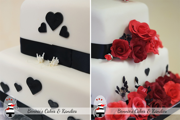 Red, black and ivory wedding cake design  |  Bonnie’s Cakes & Kandies