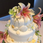 Sand, Seashells, and Fresh Flowers for a Beach Wedding {Rainbow Beach Wedding Cake}