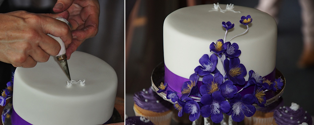 Piping my signature lovebirds to add a subtle decoration to the top of the cutting cake, and a close-up of the spray of handmade purple icing blossoms placed at the front of the cake. Photographs by Anthony Cooper - anthony.cooper@inet.net.au